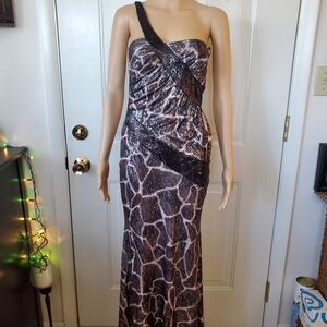 Forplay Asymmetrical Backless Black and Brown Cocktail Gown